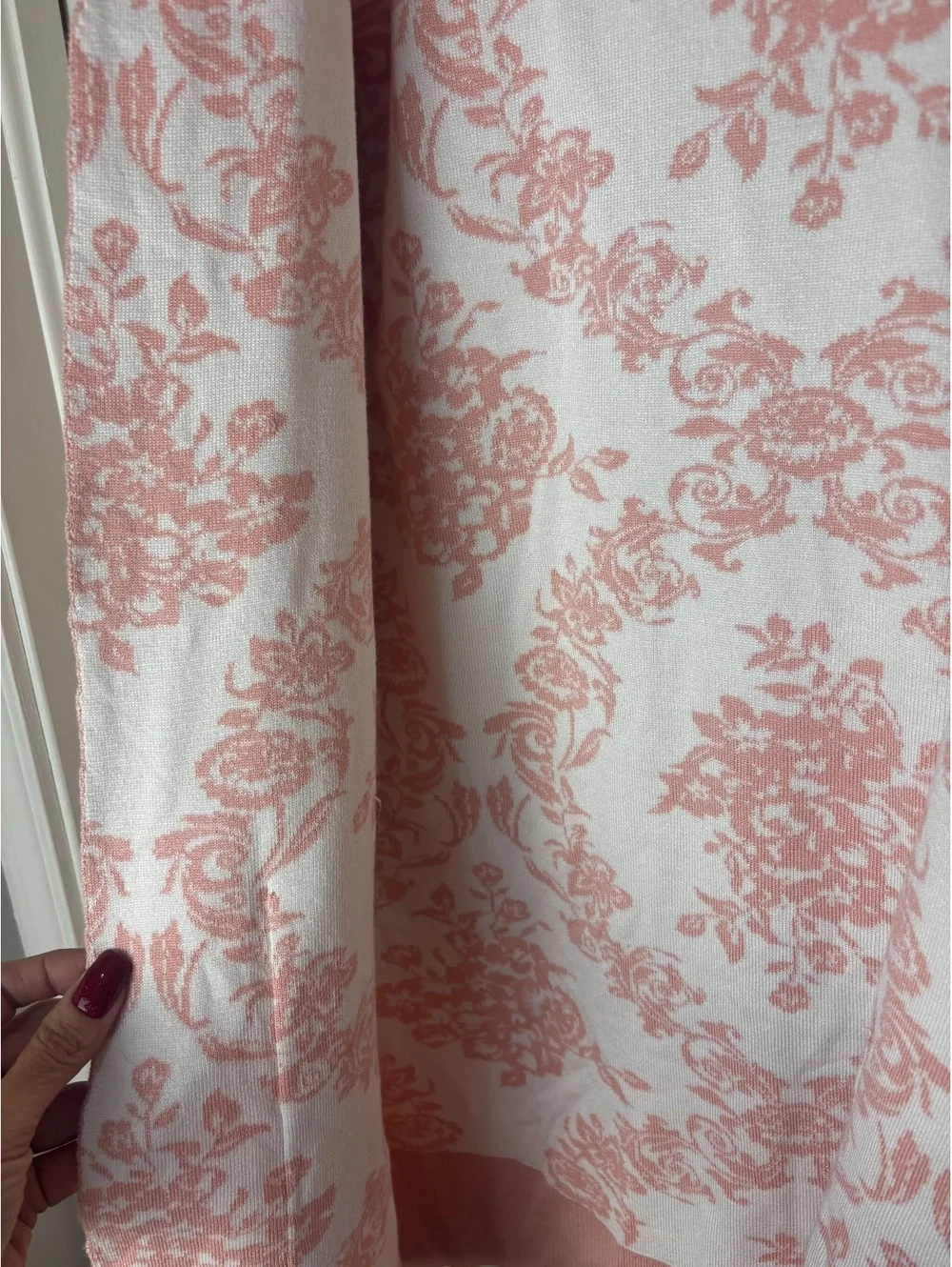 Nina Leonard Women L Pink Floral Jacquard Longline Cardigan Open Front Duster